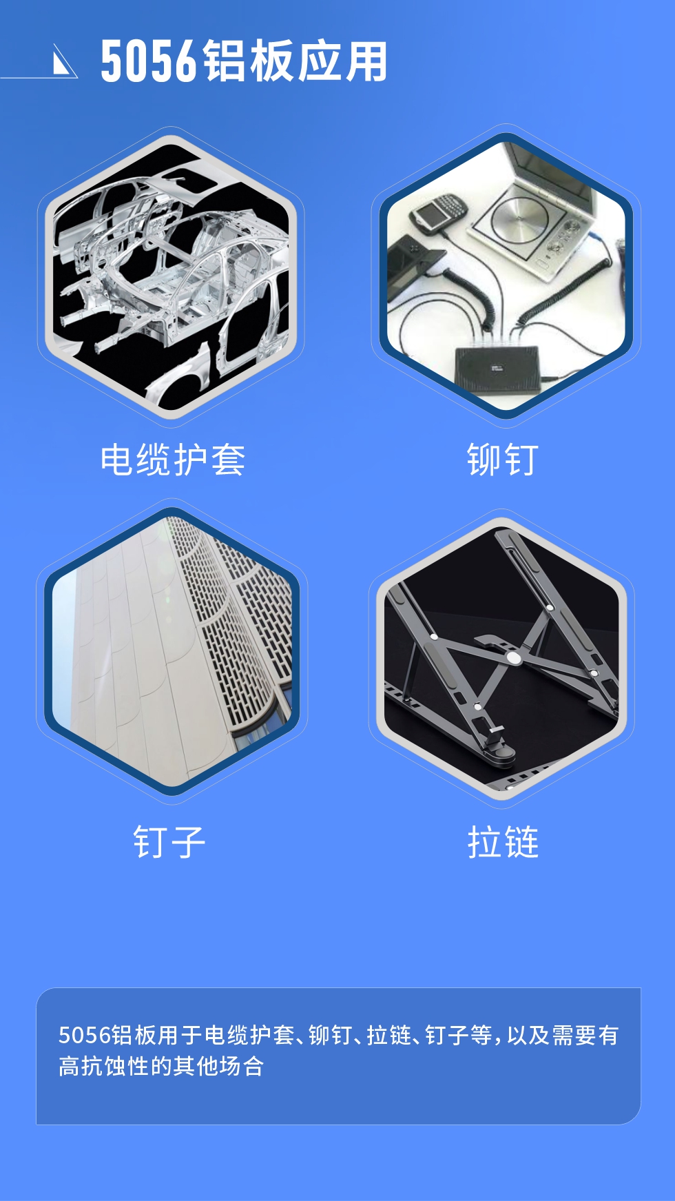 市場應(yīng)用
　　5056鋁板用于電纜護套、鉚釘、拉鏈、釘子等，以及需要有高抗蝕性的其他場合。
　　5056鋁板生產(chǎn)廠家
　　明泰鋁業(yè)支持定做，為用戶合理推薦更合理產(chǎn)品規(guī)格，并提供優(yōu)惠報價，讓您選購無憂。
　　明泰鋁業(yè)是一家集科研、加工、制造為一體的大型現(xiàn)代化鋁加工企業(yè)。公司可生產(chǎn)1-8系鋁板帶箔產(chǎn)品，規(guī)格齊全。